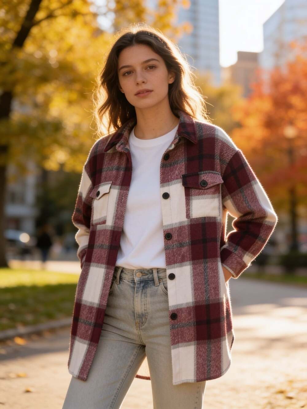 Prettygarden Plaid Shacket Size M Wine Red Long Sleeve